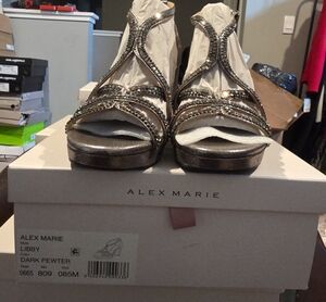 Alex Marie Libby Sandal — Dark Pewter Metallic T-Strap Wedge